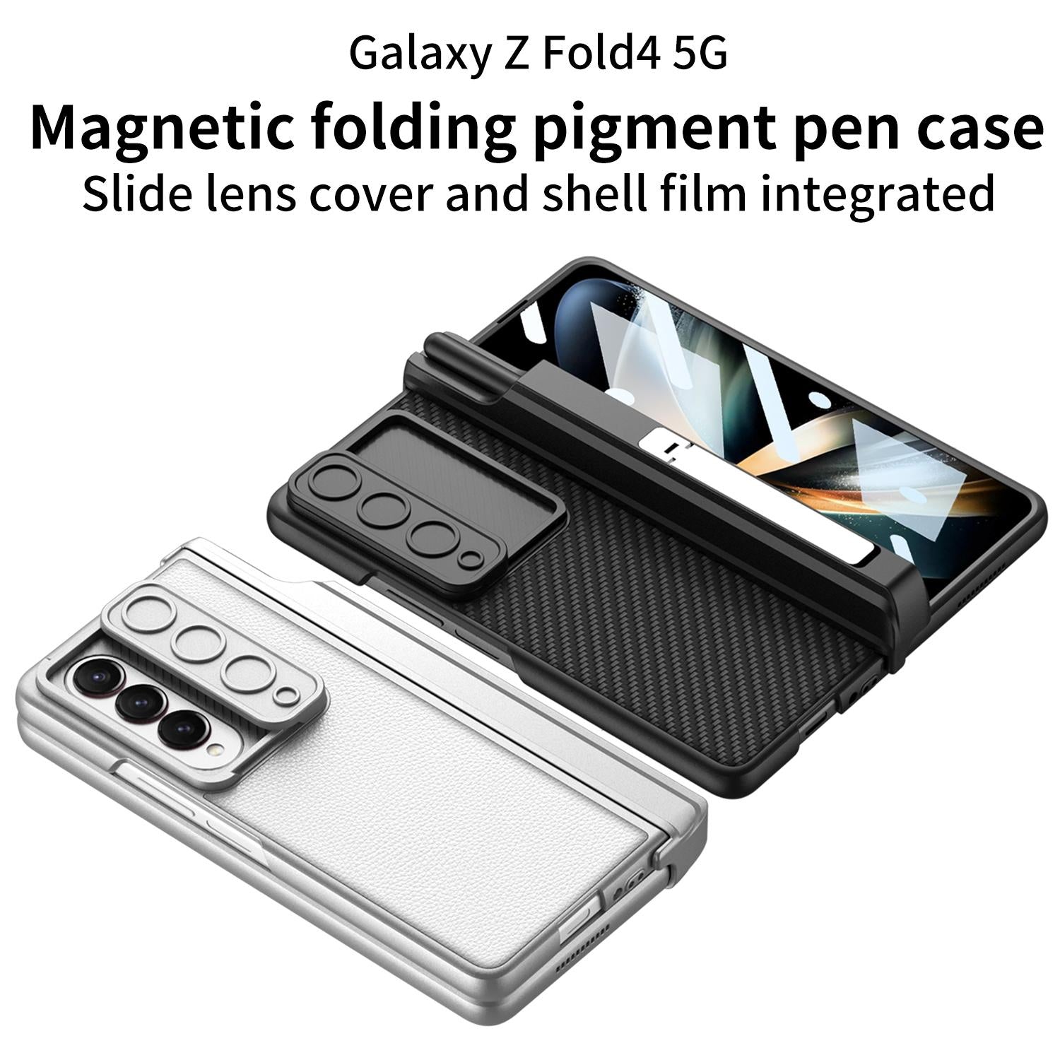 For Samsung Galaxy Z Fold4 5G Magnetic Leather Flip Case With Holder - Carbon Fiber 5
