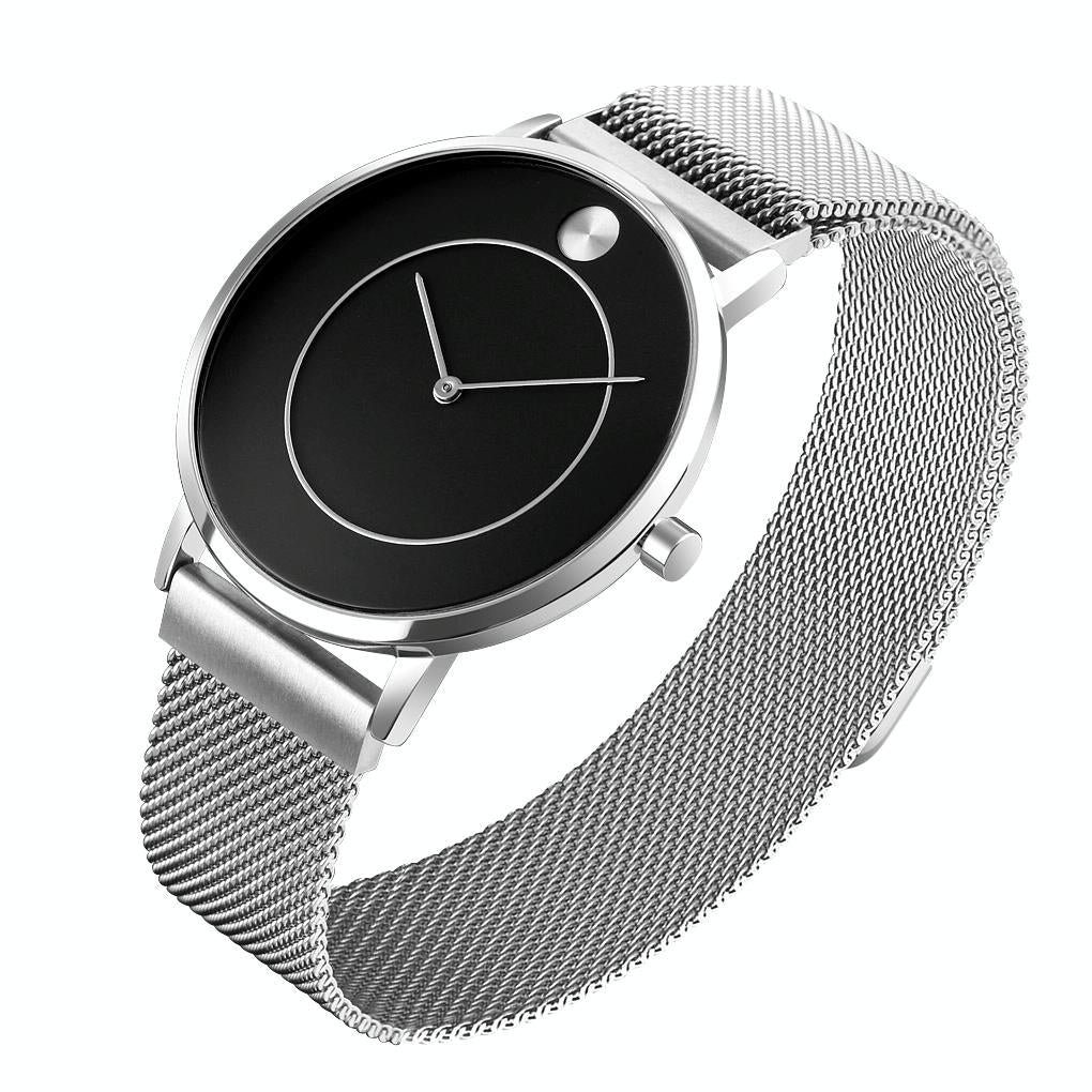 Women Metal Mesh Quartz Watch with Non-scale Dial - Silver Shell Black Surface 10