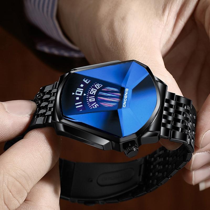 Men Diamond Dial Quartz Watch - Locomotive Concept - Full Gold Blue Surface 5