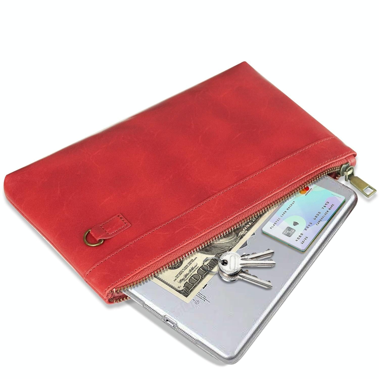 Vintage Leather Envelope Clutch with Zipper Closure - Red 11