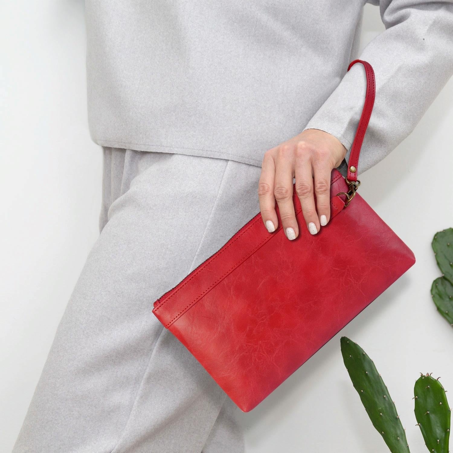 Vintage Leather Envelope Clutch with Zipper Closure - Red 14