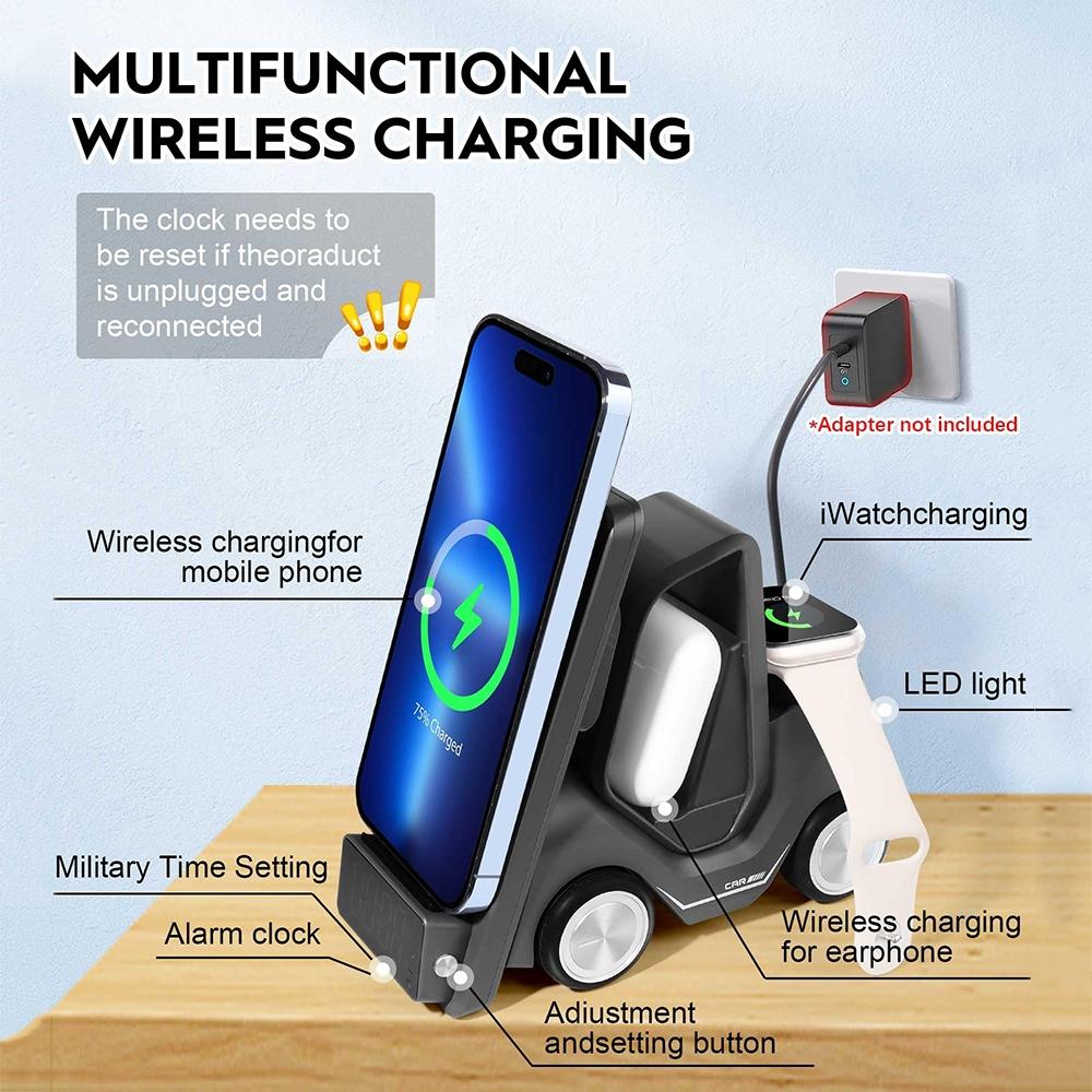 5 In 1 Car Desktop Alarm Clock With Wireless Charging - Orange 8