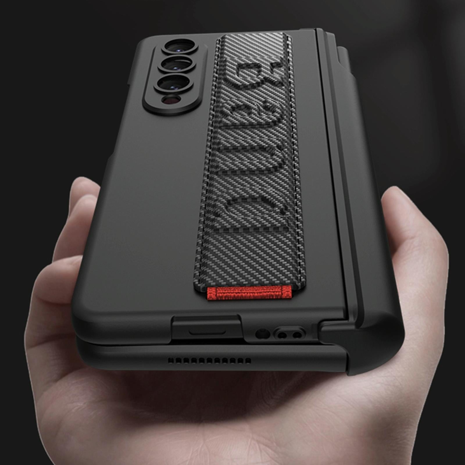 For Samsung Galaxy Z Fold4 5G Shockproof Magnetic Fold Case With Wrist Strap - Carbon Fibre 5