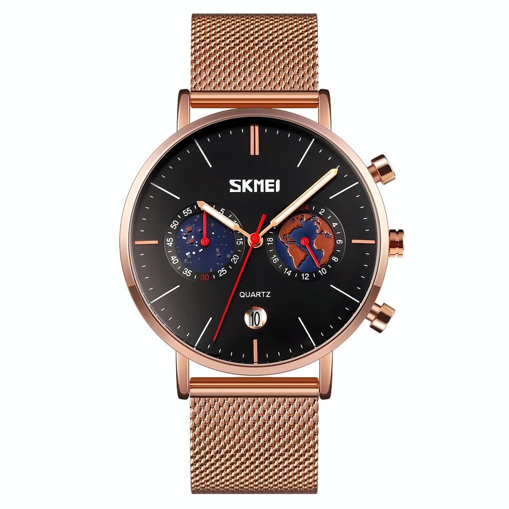 Men Stainless Steel Quartz Watch with Map Pattern Calendar - 9231 - Black