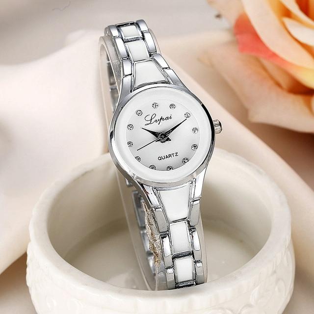 Women Stainless Steel Bracelet Watch with Two-tone Dial - Silver White