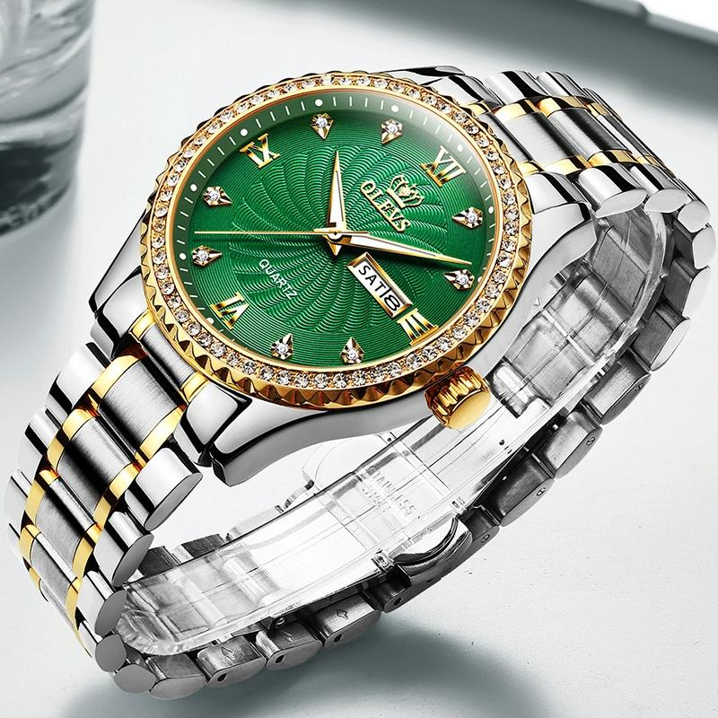 Waterproof Diamond Quartz Watch for Men with Stainless Steel Strap - Green 11