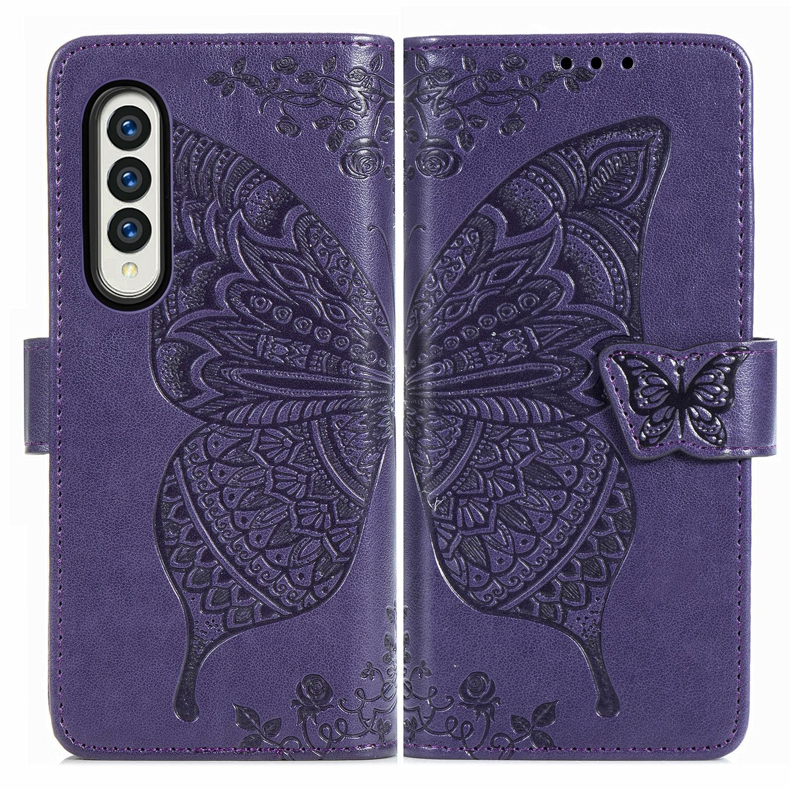 For Samsung Galaxy Z Fold4 5G Embossed Butterfly Love Leather Case - Flower Design - Rose Gold 9