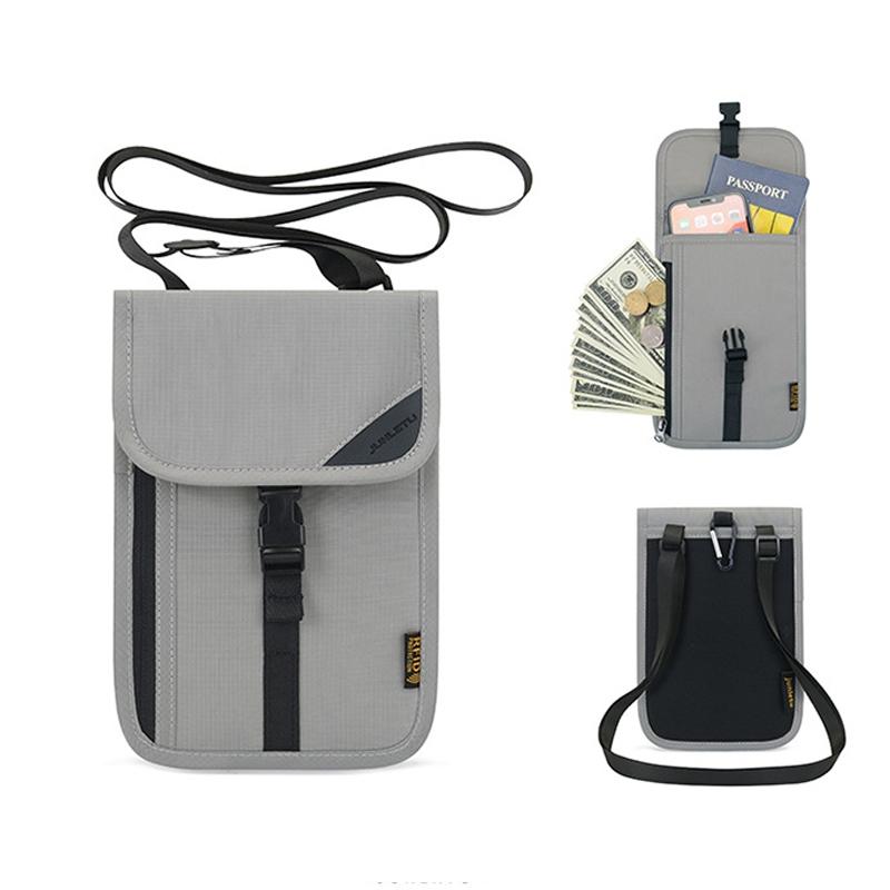 Neck Strap Rfid Passport Bag for Travel - Light Grey