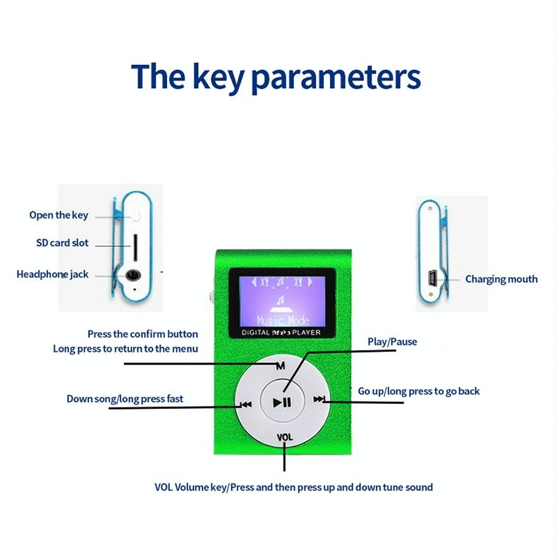 Metal Mini Mp3 Player With Screen Earphone+Cable - Green 4