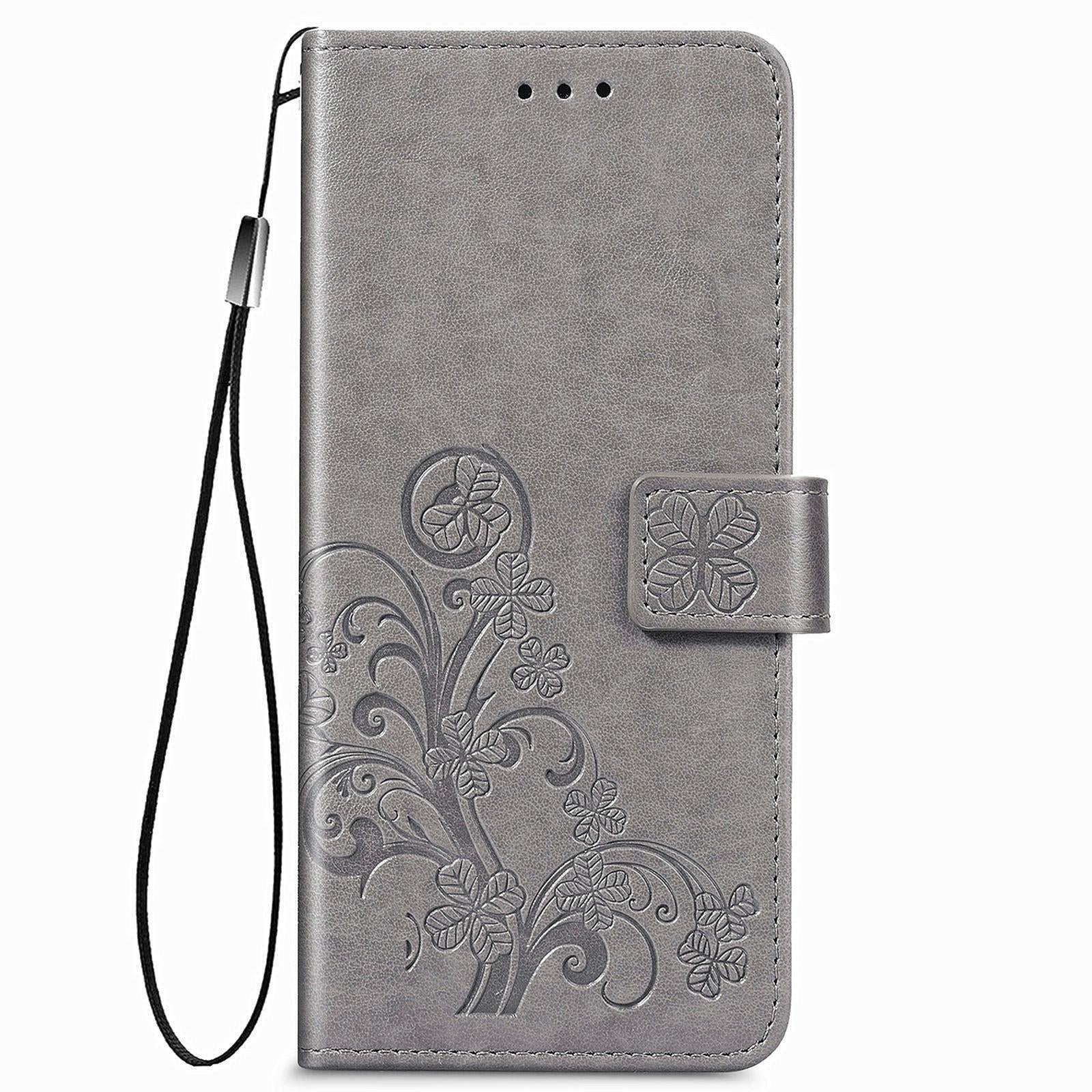 For Samsung Galaxy Z Fold4 5G Embossed Leather Phone Case With Four Leaf Clasp - Gray 14