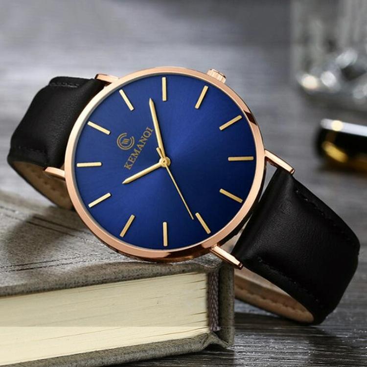 Men Waterproof Steel Mesh Quartz Watch - Ultra-thin - Ultra-Thin Rose Gold Shell Blue Dial Black Band
