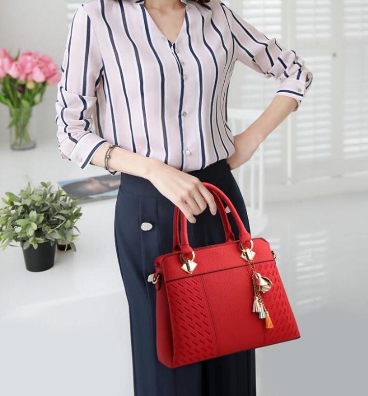 Simple Style Women Leather Crossbody Bag with Tassel Embroidery - Pink 4
