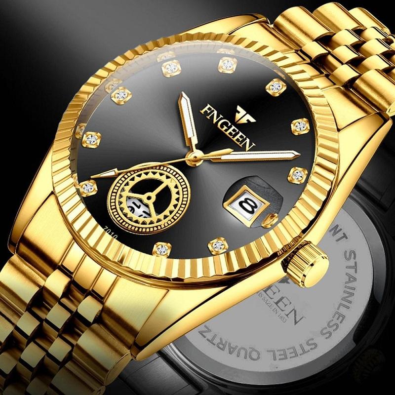 Men Luminous Quartz Watch with Calendar for Middle-aged and Elderly - Between Gold Golden Surface 4