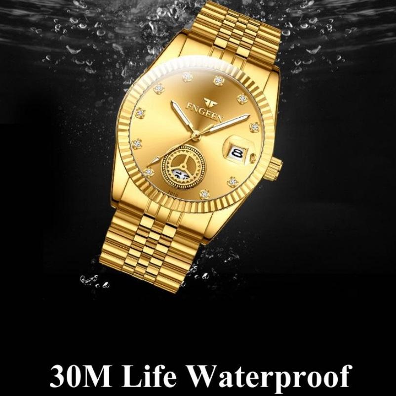 Men Luminous Quartz Watch with Calendar for Middle-aged and Elderly - Between Gold Golden Surface 6