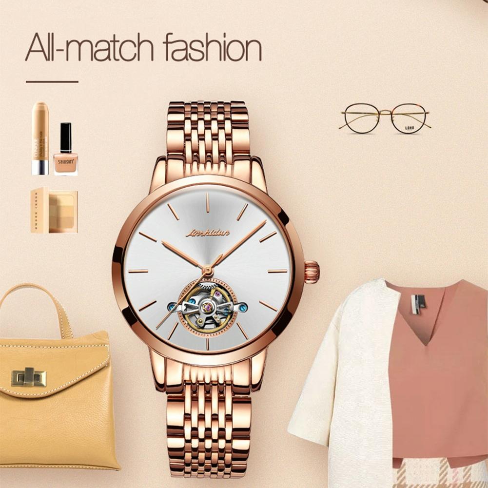 Waterproof Automatic Mechanical Watch for Women with Simple Hollow Design - Rose Gold Steel Strip White 8