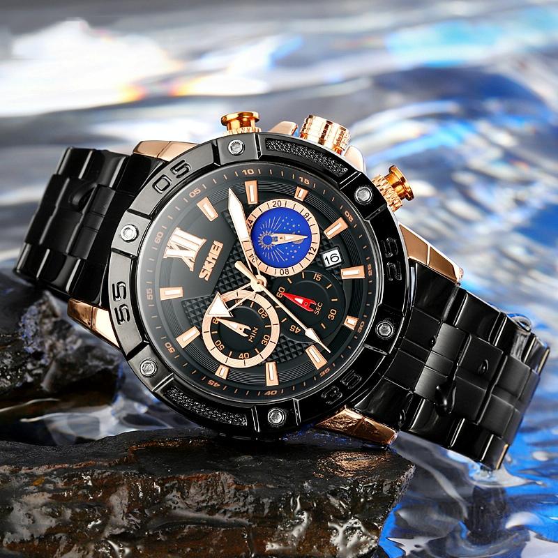 Stainless Steel Men Moonphase Quartz Watch with Strap - Silver Black 3