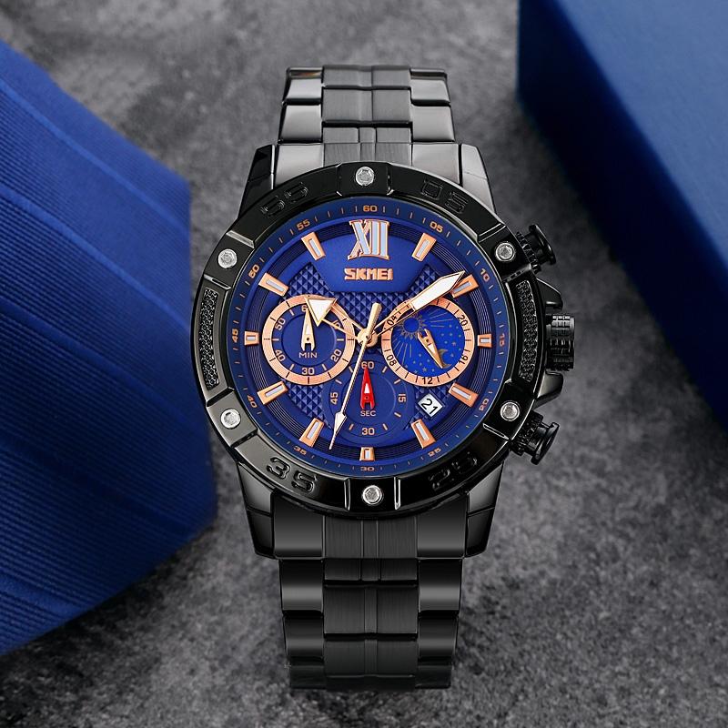 Stainless Steel Men Moonphase Quartz Watch with Strap - Silver Black 6