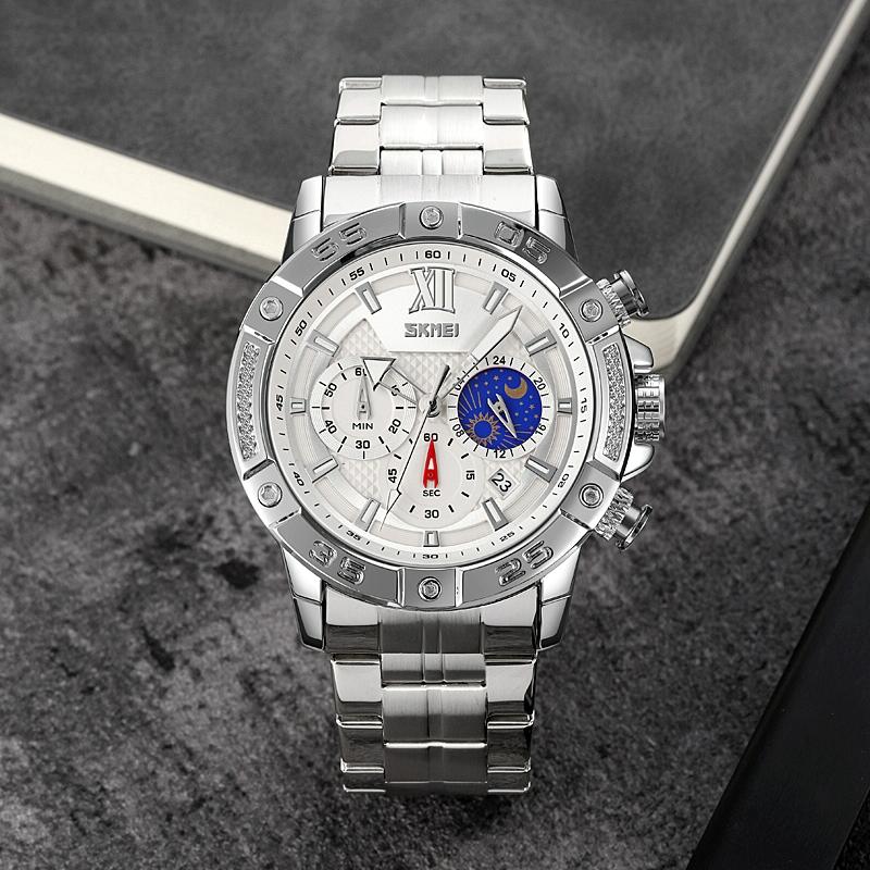 Stainless Steel Men Moonphase Quartz Watch with Strap - Silver Black 8