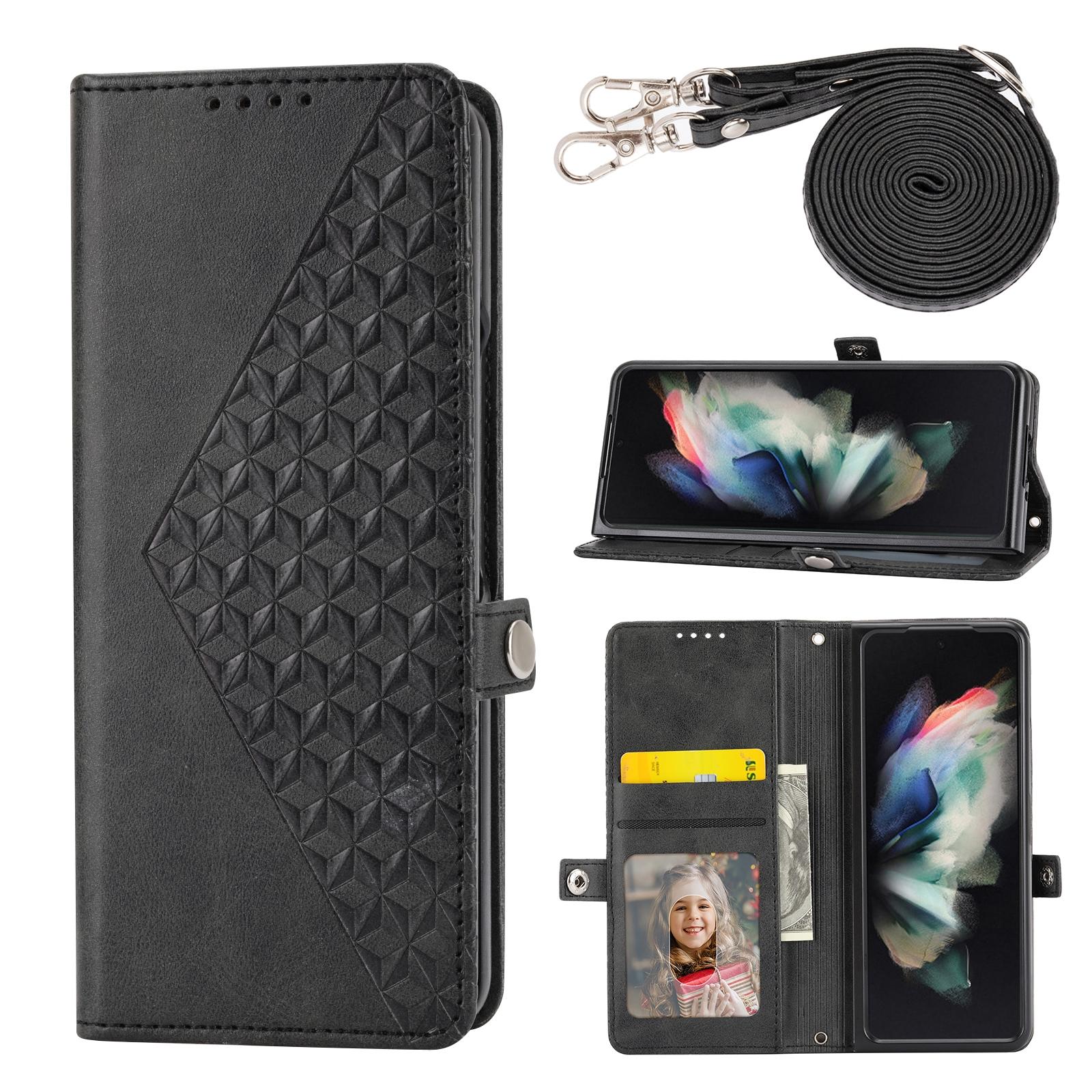For Samsung Galaxy Z Fold4 5G Leather Grid Texture Phone Case With Lanyard - Rose Gold