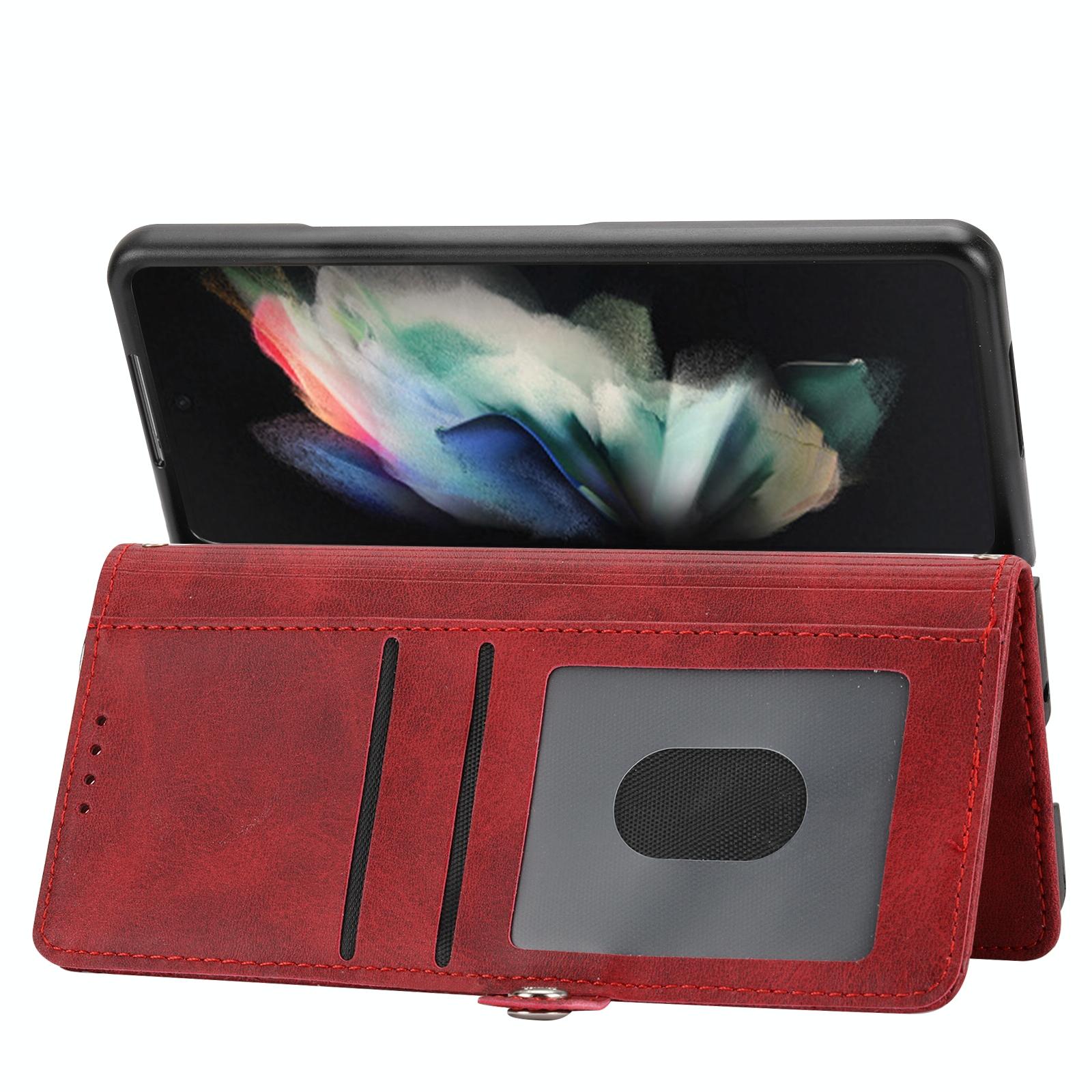 For Samsung Galaxy Z Fold4 5G Leather Grid Texture Phone Case With Lanyard - Rose Gold 13