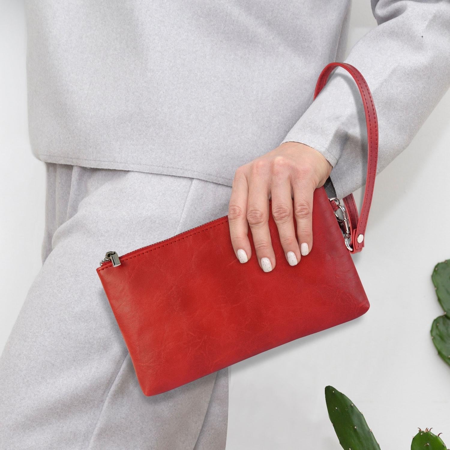 Retro Leather Clutch Bag with Zipper - 6 Inch - Red 6