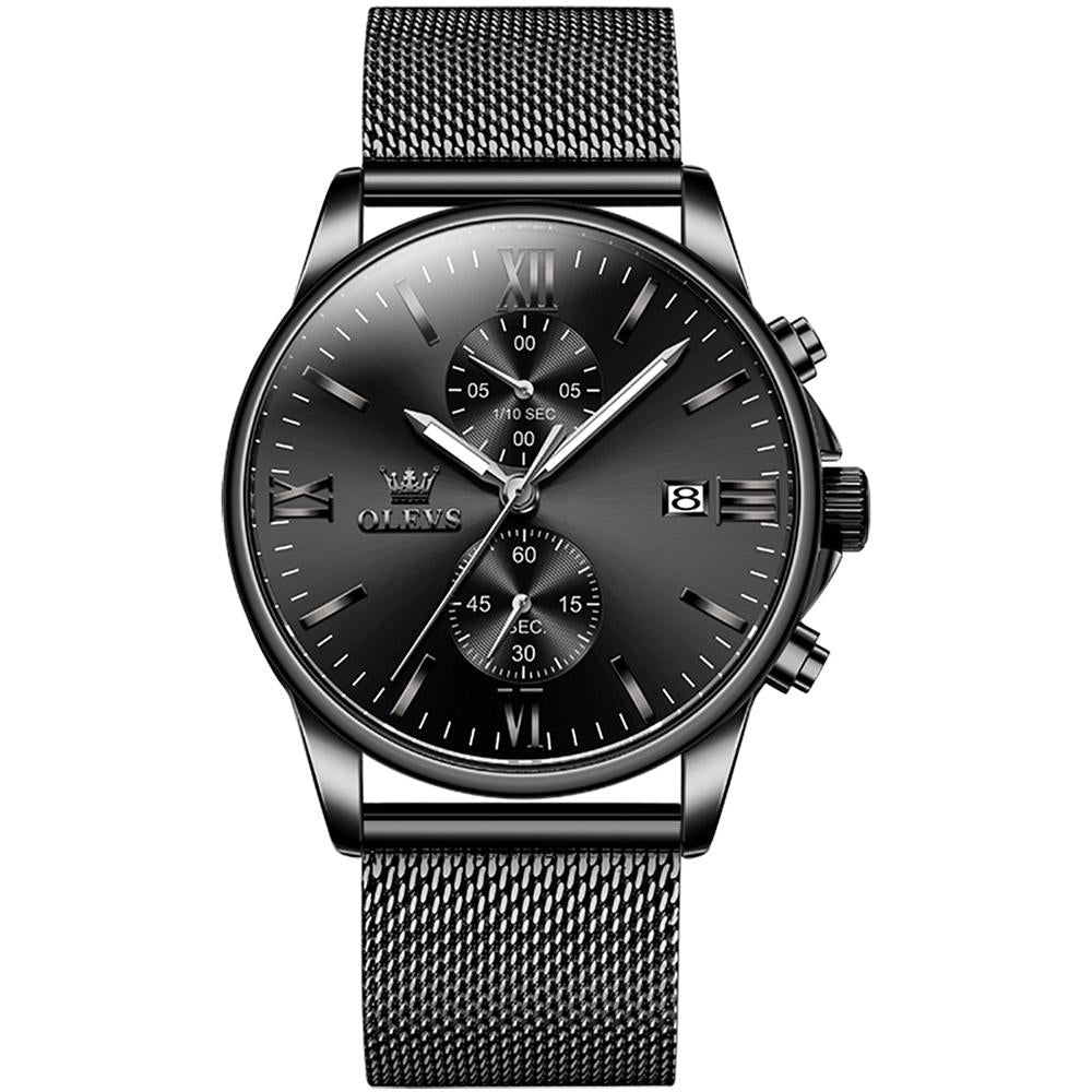 Waterproof Men Chronograph Quartz Watch with Luminous Dial - Black Silver Mesh Strip