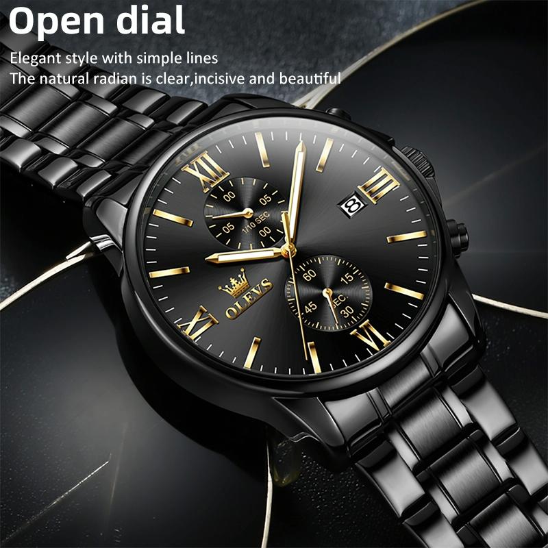 Waterproof Men Chronograph Quartz Watch with Luminous Dial - Black Silver Mesh Strip 6