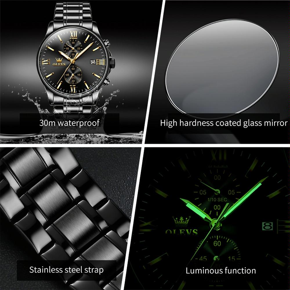 Waterproof Men Chronograph Quartz Watch with Luminous Dial - Black Silver Mesh Strip 8