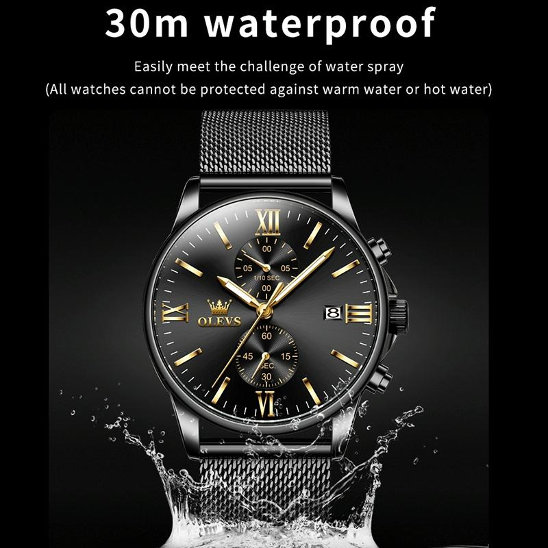 Waterproof Men Chronograph Quartz Watch with Luminous Dial - Black Silver Mesh Strip 14