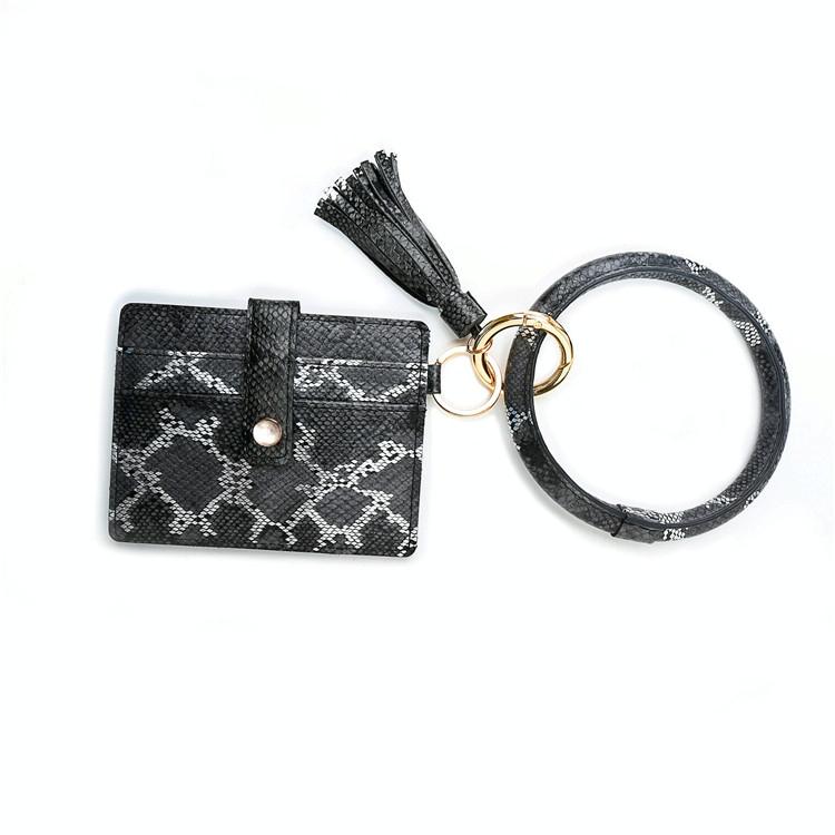 Pu Leather Wrist Ring Key Chain Coin Purse Black - White Snake 4