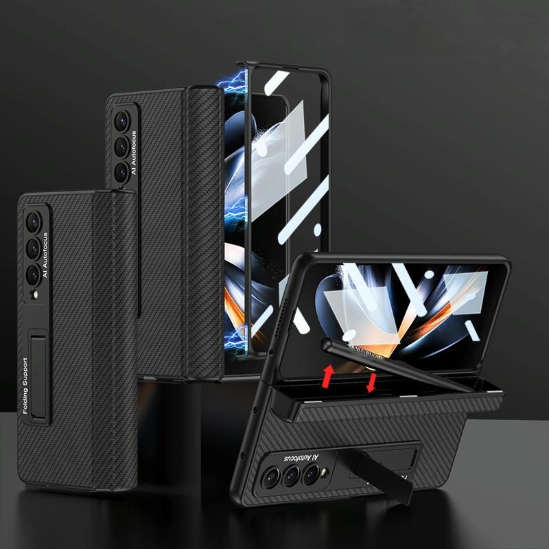 For Samsung Galaxy Z Fold4 5G Leather Phone Case With Foldable Hinge And Holder - Carbon Fibre Black