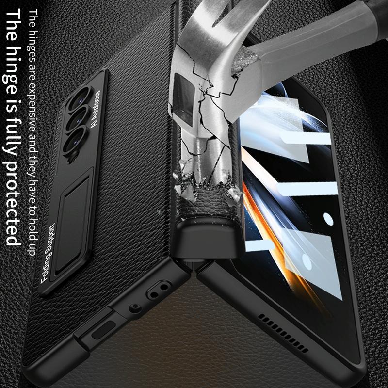 For Samsung Galaxy Z Fold4 5G Leather Phone Case With Foldable Hinge And Holder - Carbon Fibre Black 5