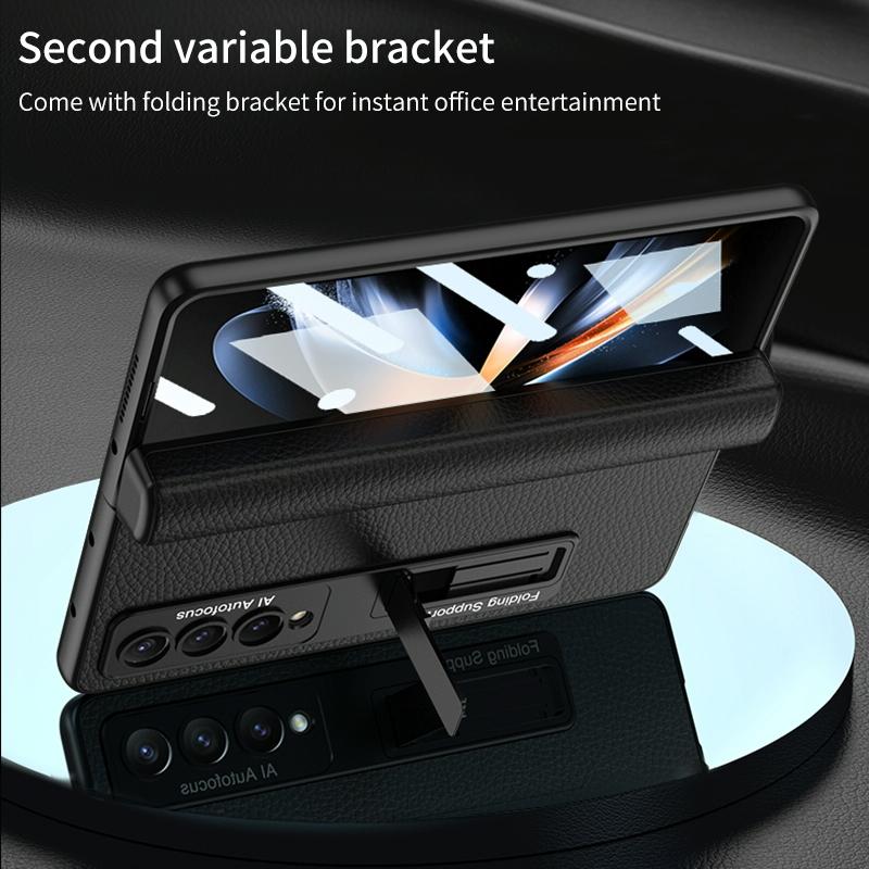 For Samsung Galaxy Z Fold4 5G Leather Phone Case With Foldable Hinge And Holder - Carbon Fibre Black 7