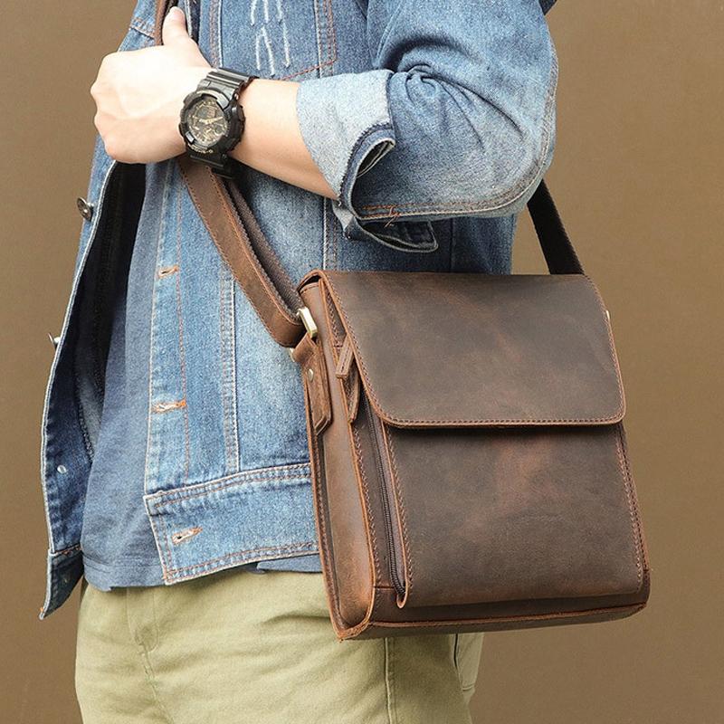 Rustic Leather Men Shoulder Bag - Brown Yellow 8
