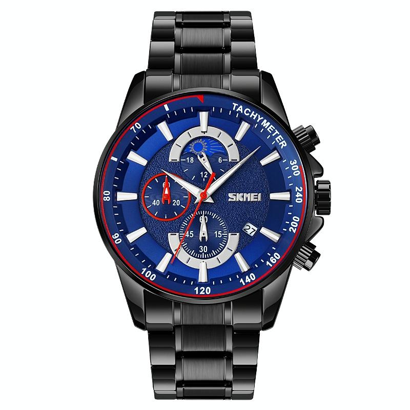 Stainless Steel Men Moonphase Watch with Date - Black Blue