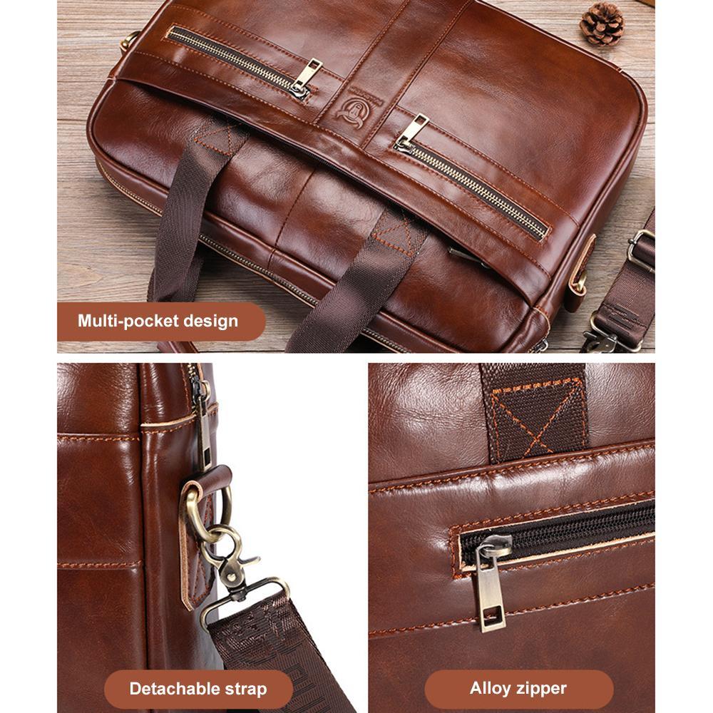 Large Capacity Retro Cowhide Briefcase - Coffee Metal 6