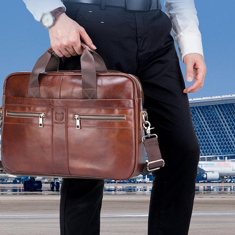 Large Capacity Retro Cowhide Briefcase - Coffee Metal 7