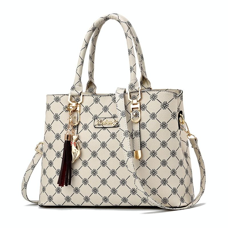 Spacious Print Handbag - Large Capacity - Bronze Rice White Print