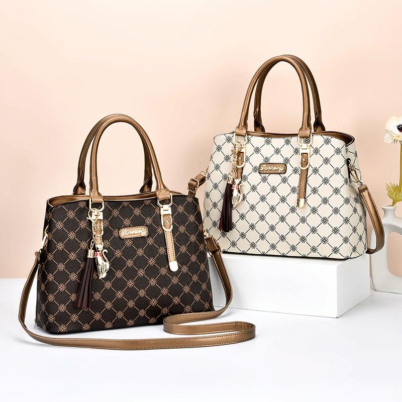 Spacious Print Handbag - Large Capacity - Bronze Rice White Print 3