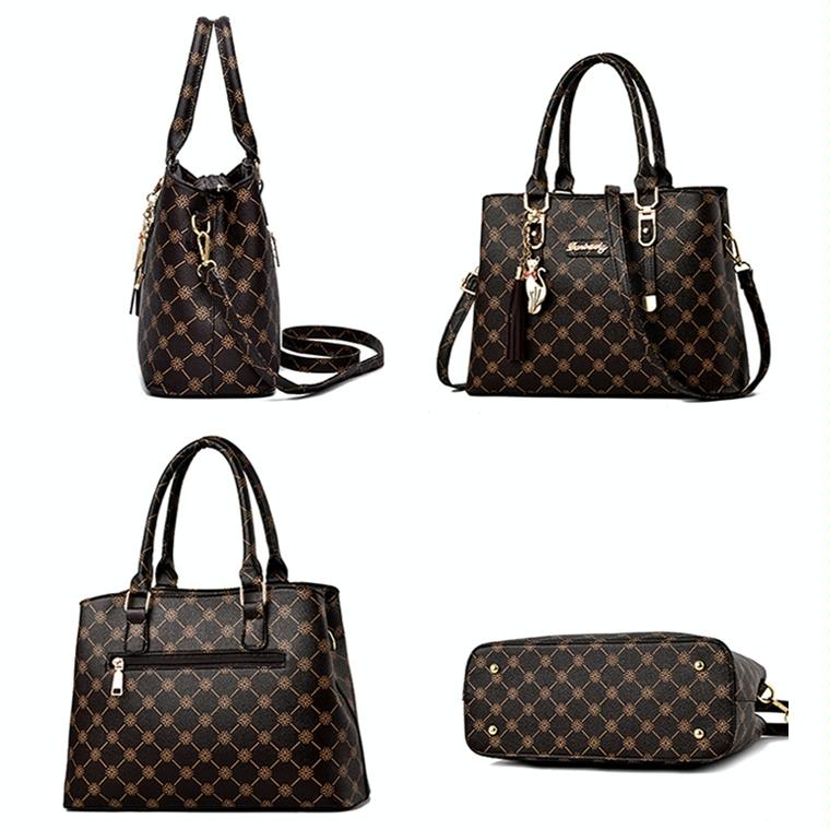 Spacious Print Handbag - Large Capacity - Bronze Rice White Print 5