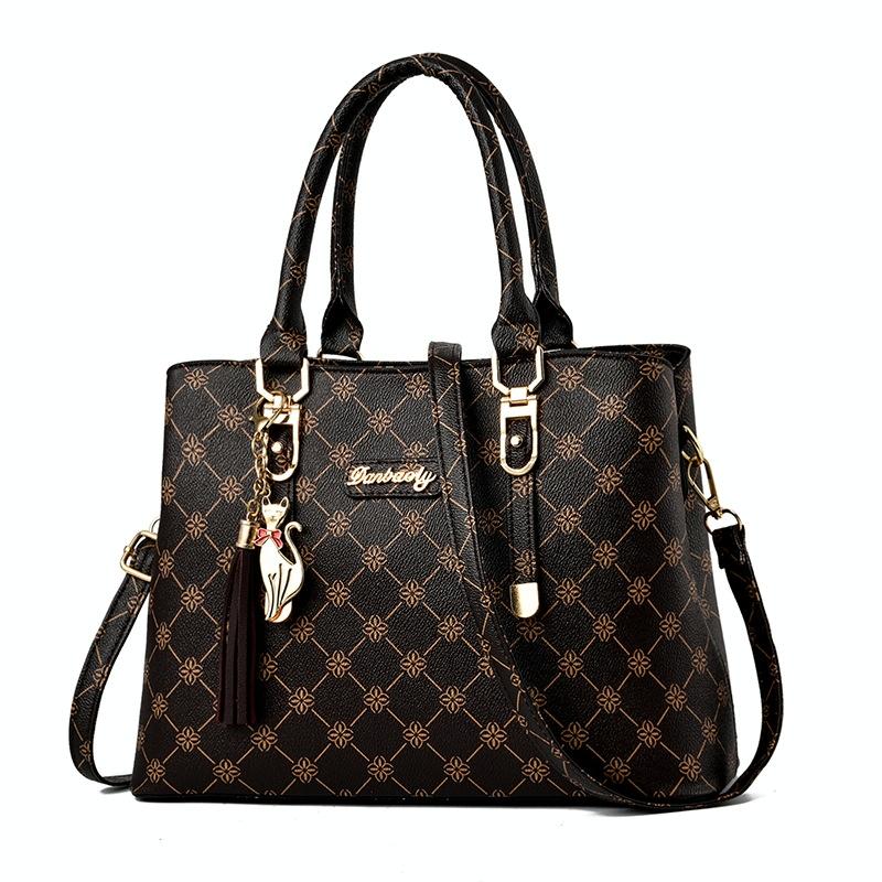 Spacious Print Handbag - Large Capacity - Bronze Rice White Print 9