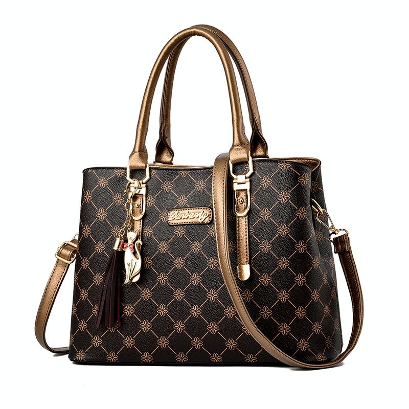 Spacious Print Handbag - Large Capacity - Bronze Rice White Print 10