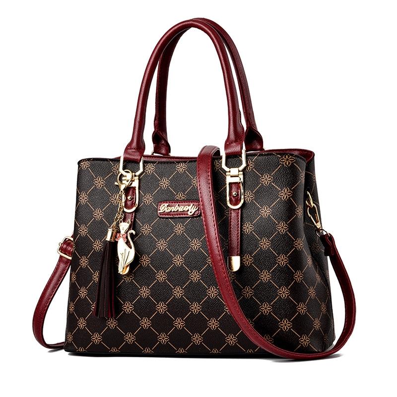 Spacious Print Handbag - Large Capacity - Bronze Rice White Print 11