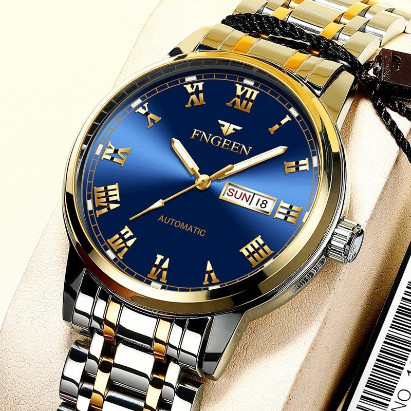 Men Luminous Quartz Watch with Roman Numeral Dial - Sporty Style - White Steel Blue Surface 4