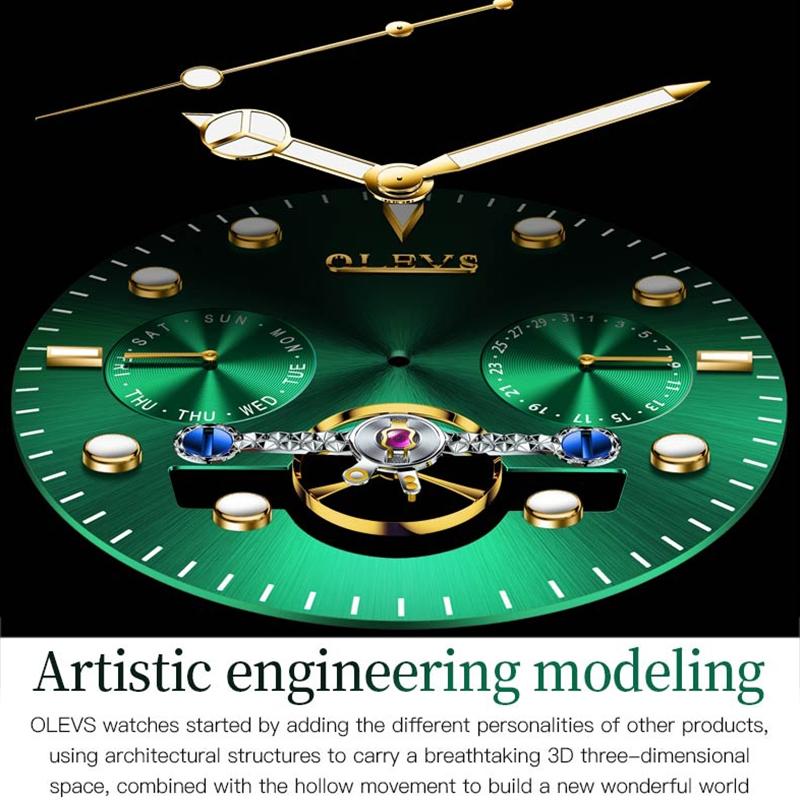 Waterproof Mechanical Watch for Men - Multifunctional - Green + Gold 11