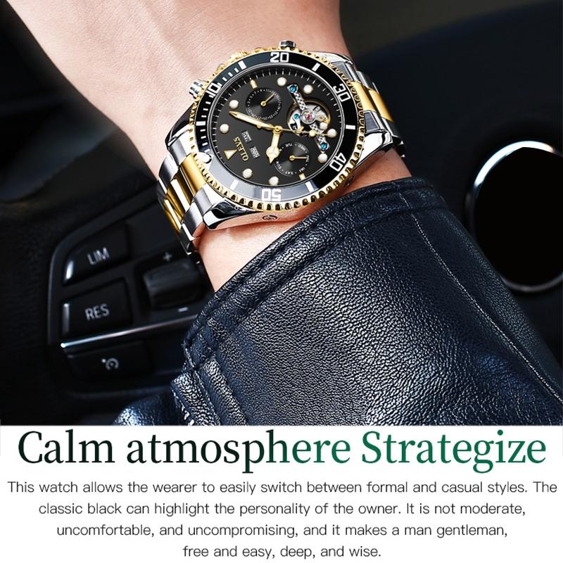 Waterproof Mechanical Watch for Men - Multifunctional - Green + Gold 13