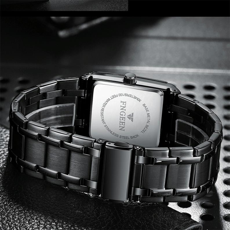 Waterproof Square Men Watch with Calendar - 50m - Black Belt Gold Shell Black Surface 7
