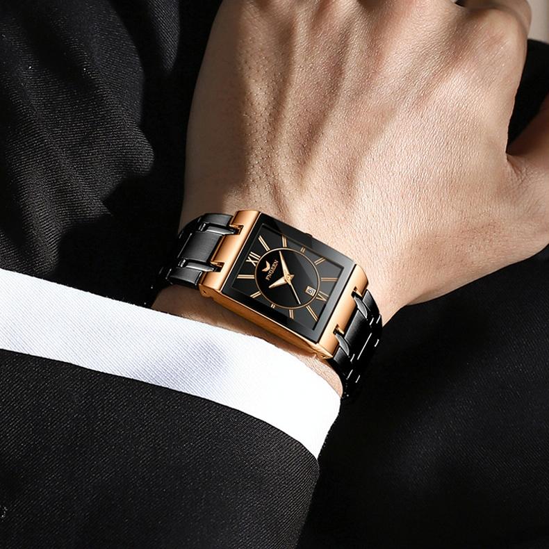 Waterproof Square Men Watch with Calendar - 50m - Black Belt Gold Shell Black Surface 8