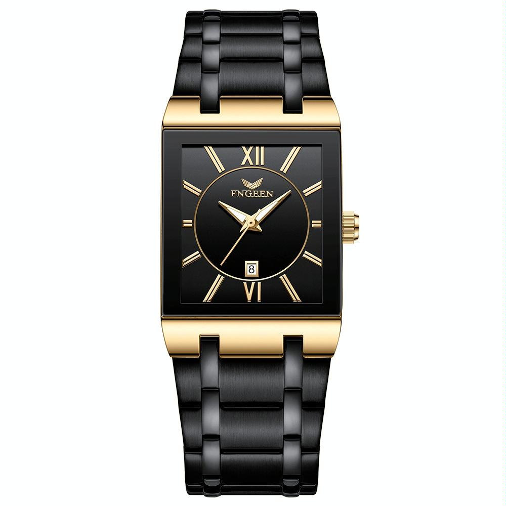 Waterproof Square Men Watch with Calendar - 50m - Black Belt Gold Shell Black Surface 14