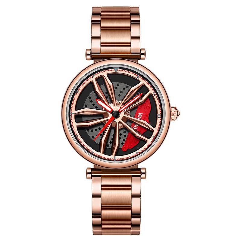 Women Steel Belt Quartz Watch with 3d Hollow out Wheel Design - Silver Red 12